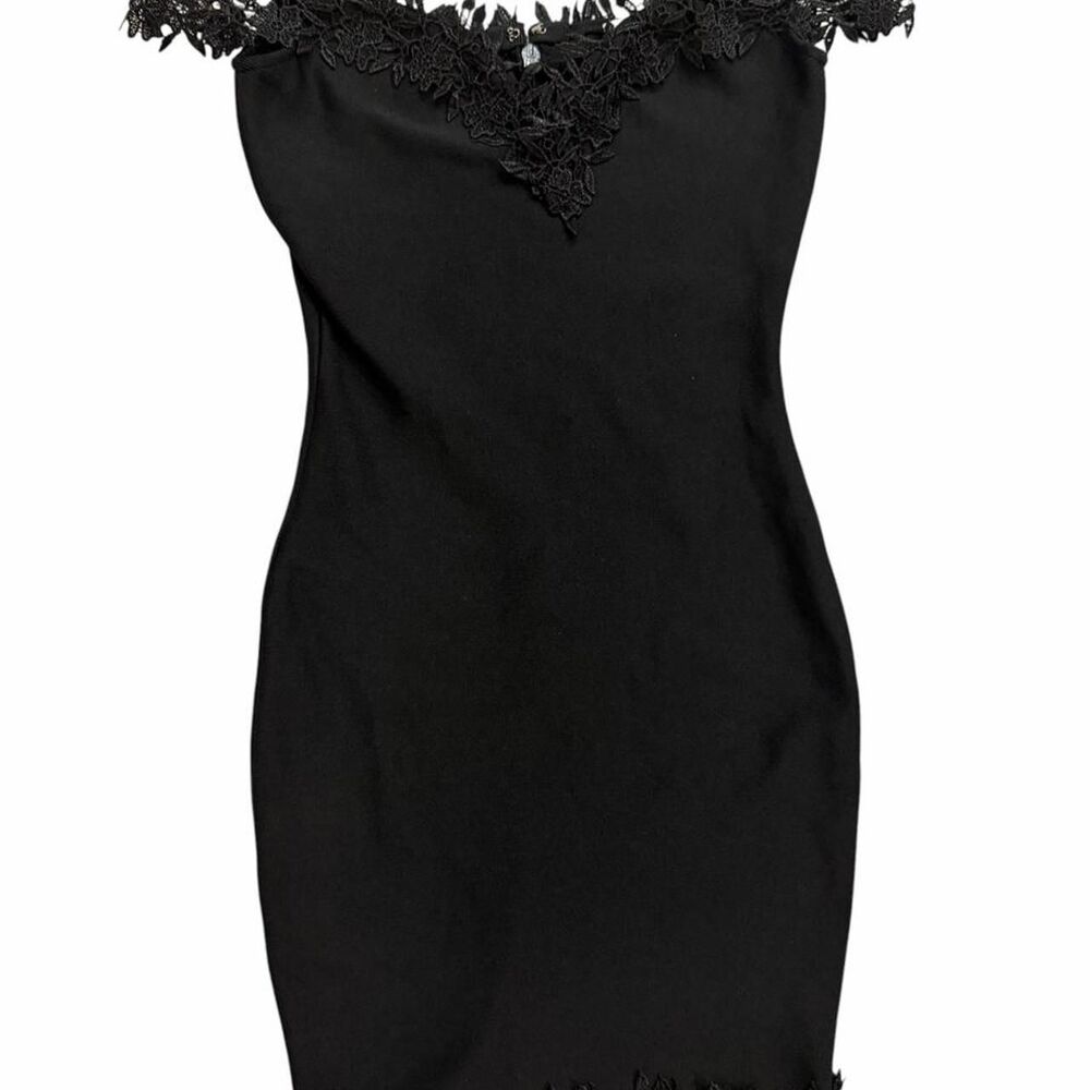 Donna Richardson off the shoulder black mini dress with lace trim